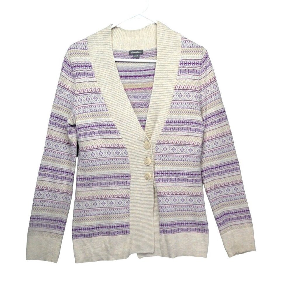 Eddie Bauer Cream and Purple Patterned Cardigan